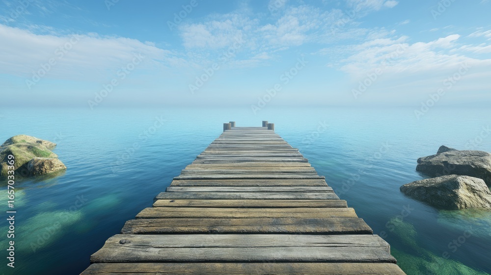 Obraz premium A wooden dock stretching into calm blue-green waters, with rocky shores in the distance. Peaceful seascape, coastal serenity.