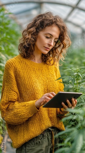 Young Woman in Yellow Sweater Holds Tablet in Greenhouse Filled With Plants D...