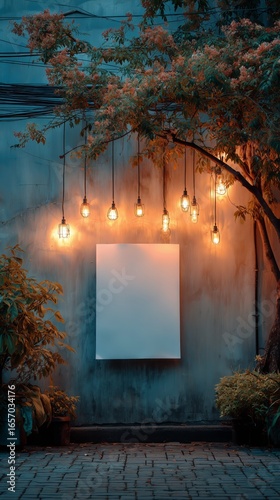 Softly Glowing Lights Illuminate a Blank Canvas Under a Flowering Tree at Twi...