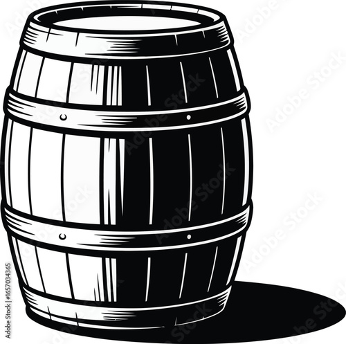 Black and white illustration of a wooden barrel with metal hoops and shadow cask