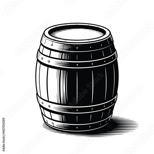 Black And White Illustration Of A Wooden Barrel With Shadow cask