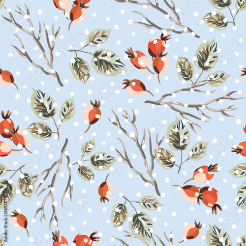 Christmas seamless pattern, red rosehip berries, green leaves, twigs, snow, light blue background. Vector illustration. Forest nature design. Season greeting. Winter holidays