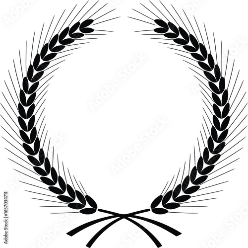 Black Silhouette of Wheat Stalks Forming an Oval Wreath white background
