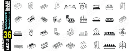 Collection of Isometric Line Art Icons Representing Smart Greenhouse and Hydroponic Farming Elements