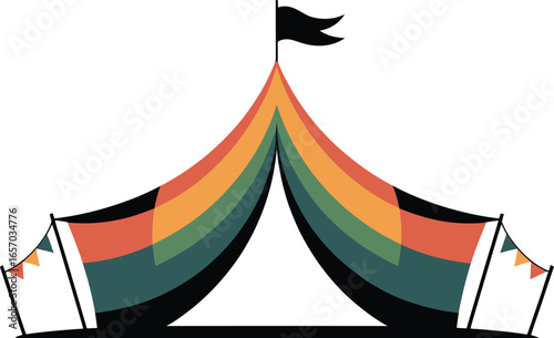 Colorful Striped Circus Tent with Flags and a Black Pennant big top carnival
