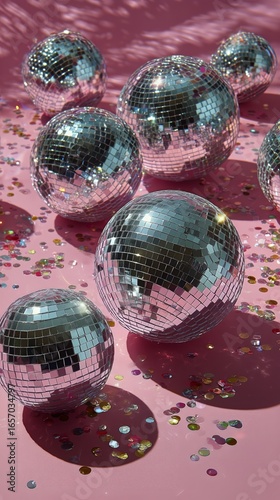 Sparkling Disco Balls With Colorful Confetti on Pink Background for Festive C...