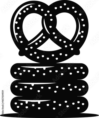 Stacked black pretzels with white dots on white background food snack