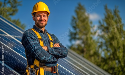 Smiling Solar Technician Standing Confidently Near Solar Panels on a Sunny Da...