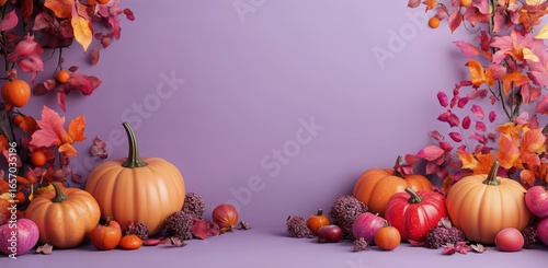 Vibrant Autumn Display Featuring Pumpkins, Apples, and Colorful Leaves on a P...