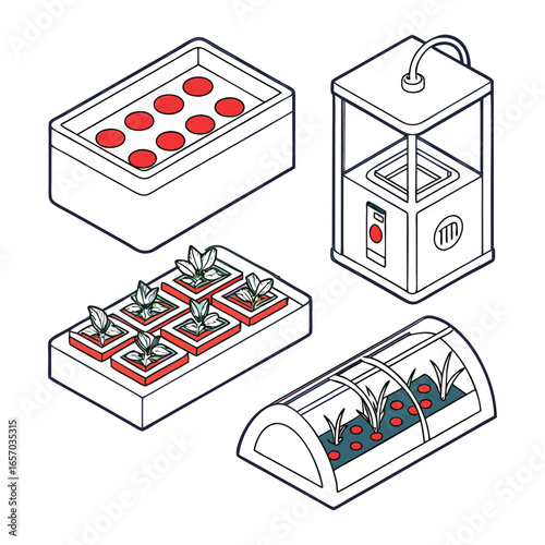 Isometric Line Art Icons of Hydroponic Growing Systems and Equipment hydroponics plants