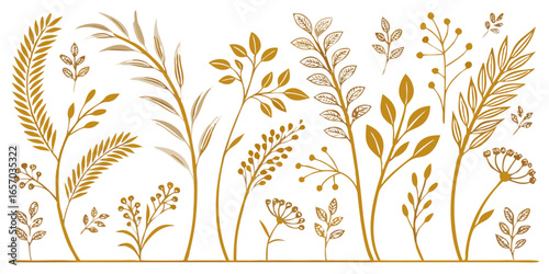 golden botanical illustration setisolated on white background.