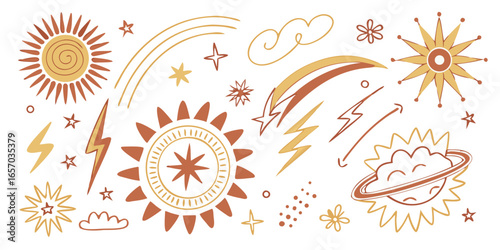retro warm-toned celestial and weather doodles isolated on white background.