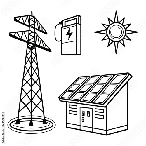 Outline icons of a power tower, charging station, sun, and building with solar panels electricity