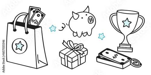customer loyalty rewards program icons with shopping bag piggy bank gift trophy and credit cards isolated on white background.