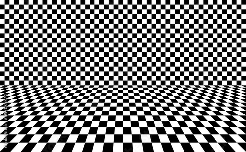 3D perspective of black and white checkerboard pattern forming a room with floor and wall, perfect for abstract backgrounds, retro art, and optical design projects.