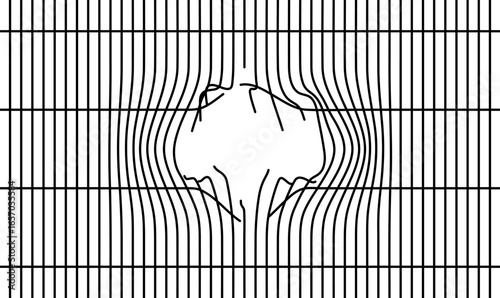Black and white line pattern forming a prison cage with distorted broken bar