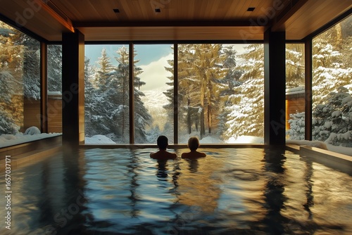Warm Retreat in a Winter Spa With a Scenic View of Snowy Trees and Serene Water