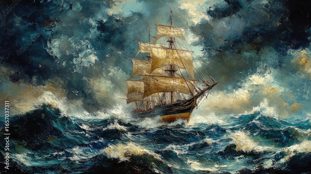 Fototapeta premium Dark clouds roll over a ship as it battles through towering waves. The sea is furious, but the vessel pushes forward. Epic struggle, nature's force.