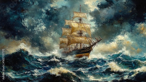 Dark clouds roll over a ship as it battles through towering waves. The sea is furious, but the vessel pushes forward. Epic struggle, nature's force.