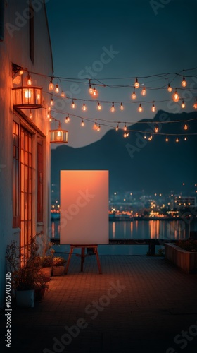 Softly Glowing Lights Illuminate a Blank Canvas Under a Flowering Tree at Twi...