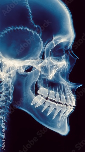 Detailed View of Human Skull X-Ray Highlighting Dental Structure and Jaw Alig...