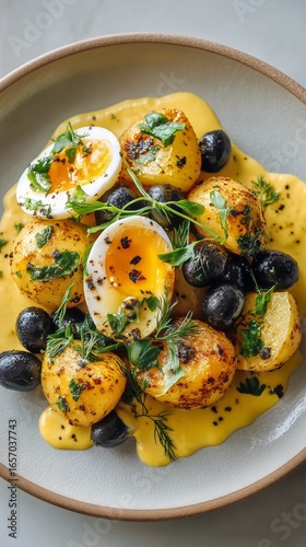 Delicious Potato Salad With Eggs and Olives Served on a Round Plate for a Del...