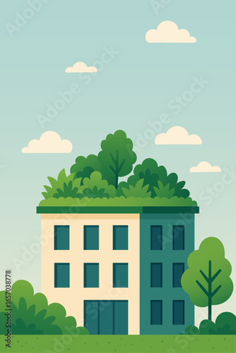 Eco friendly building with green roof garden and trees in flat vector illustration