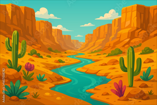 Desert canyon landscape with river and cactuses in flat vector illustration