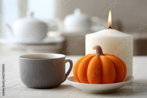 Wallpaper Mural Cozy autumn scene featuring a textured gray cup of tea beside a vibrant orange pumpkin on a white plate, with a lit candle creating a warm ambiance in a softly blurred background Torontodigital.ca