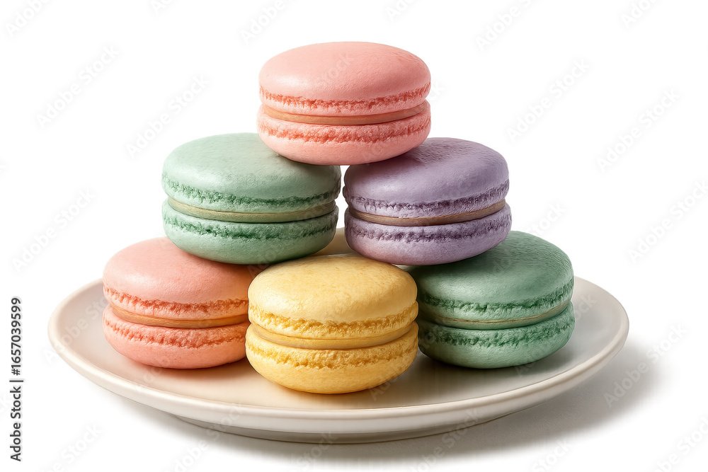 Obraz premium Sweet, pastel macarons stacked on plate, isolated on transparent background.