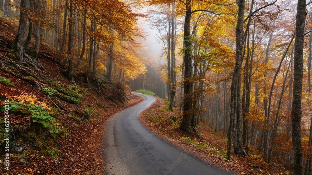 Fototapeta premium Autumnal forest road winding path