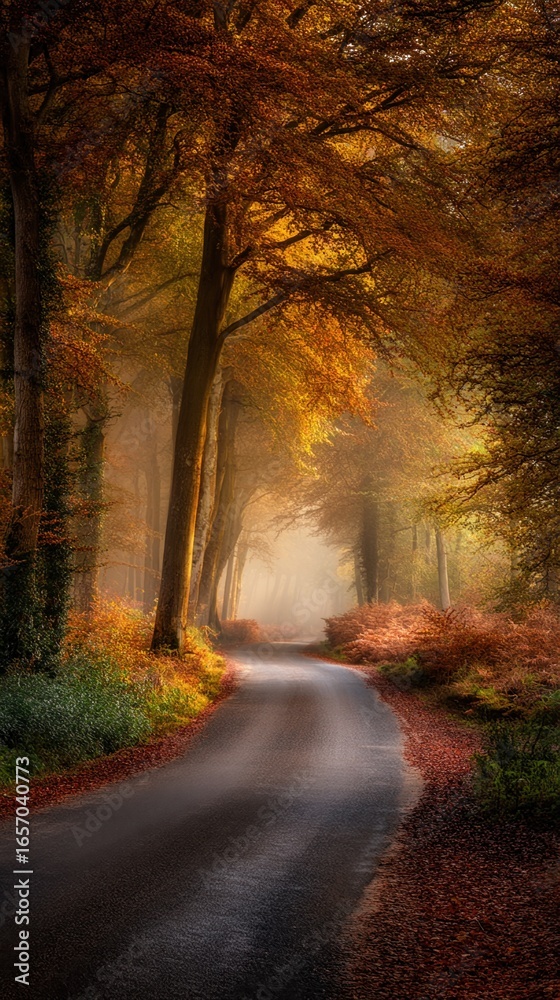 Obraz premium Autumnal forest road winding path