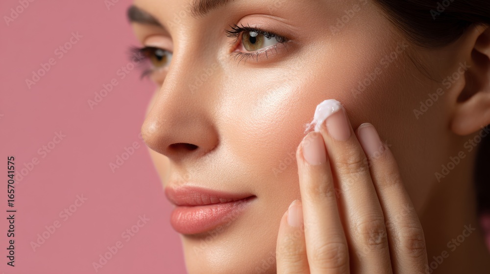 Fototapeta premium Close-up of Woman Applying Face Cream, Pink Background, Skincare Routine, Beauty Skincare, Beauty Routine