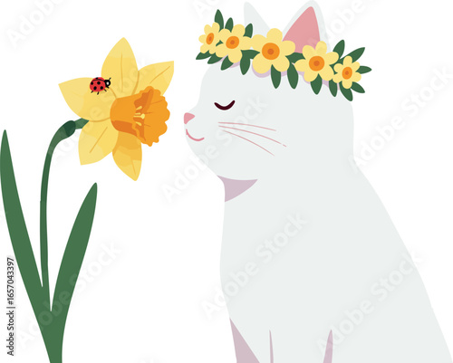 White cat with flower crown smelling yellow daffodil flower with ladybug spring nature vector illustration