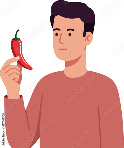 Man examining red chili pepper holding spicy vegetable in hand vector illustration