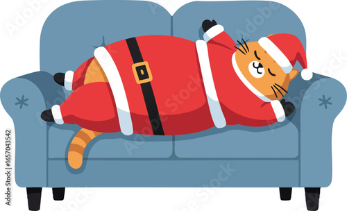 Cat dressed as Santa Claus sleeping comfortably on blue sofa festive Christmas vector illustration