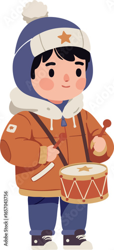 Child wearing winter clothes playing drum outdoors cute cartoon boy in warm hat and jacket vector illustration