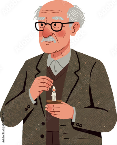 Elderly man holding lit candle with thoughtful expression in brown suit and glasses vector illustration