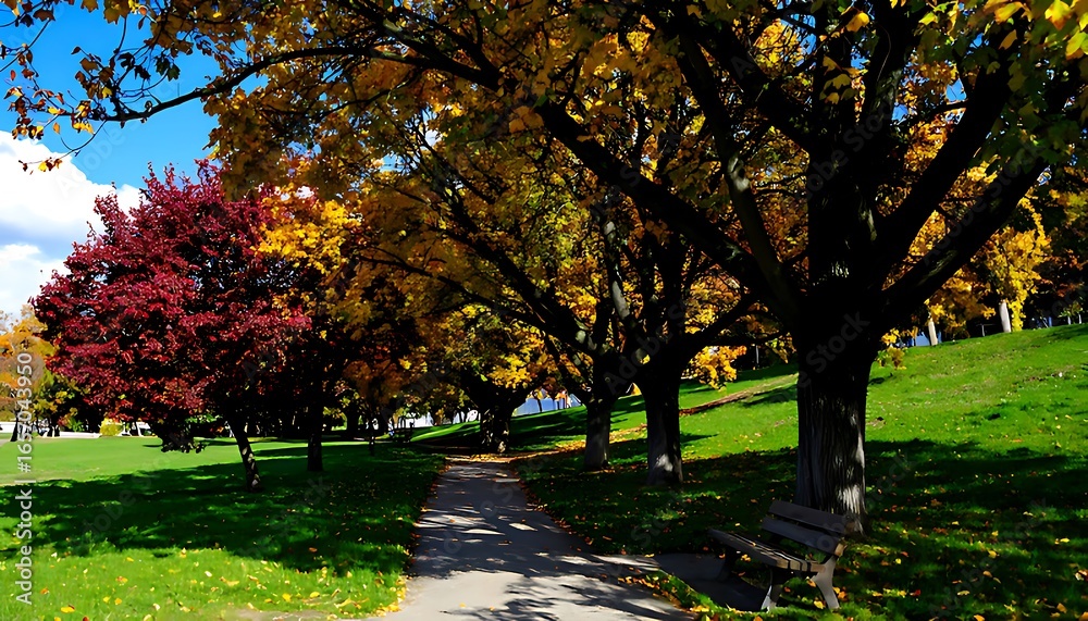 Naklejka premium Autumnal park scene with colorful trees lining a path.