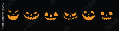 Set of spooky pumpkin faces on black background.  Creepy and funny jack-o’-lanterns.
