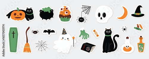 Halloween stickers set. Cute black cat, ghost, skull, spider, bat, witch hat, candy. Grey isolated background.
