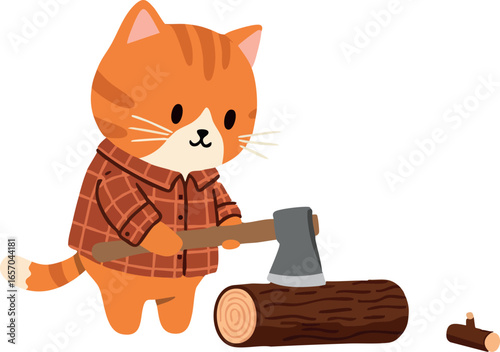 Cute orange cat chopping wood with axe in plaid shirt vector illustration for children and animal lovers