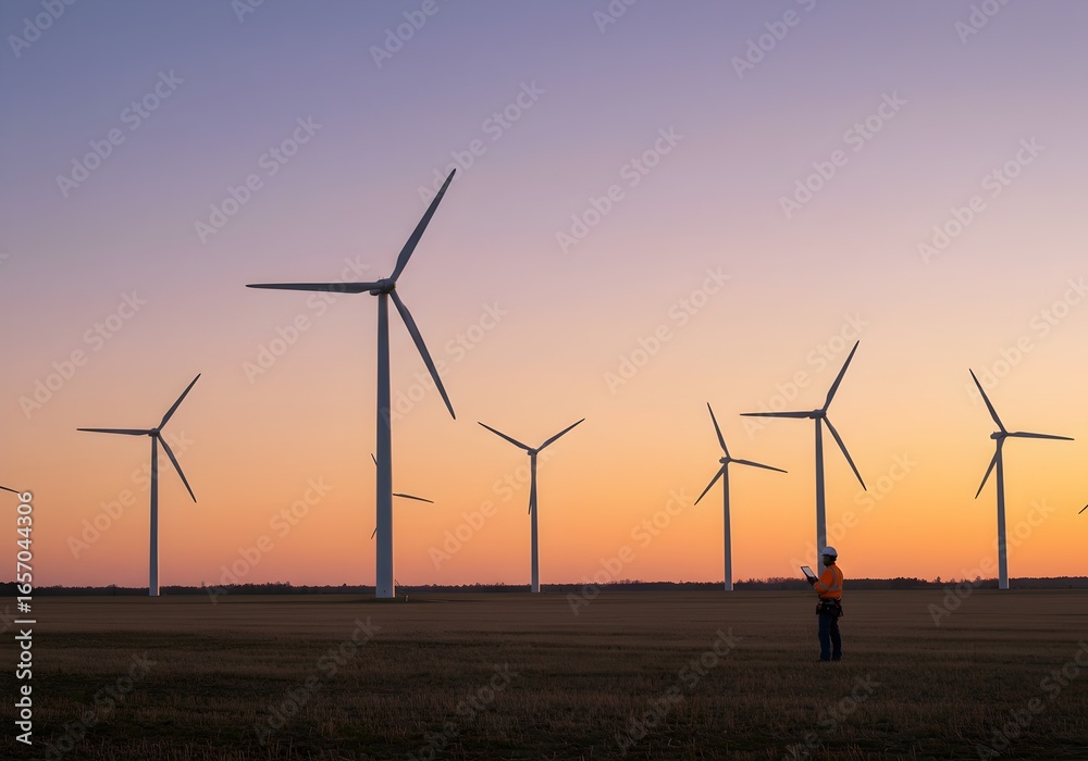 Obraz premium Multiple wind turbines against purple sunset sky, clean energy farm generating sustainable electricity for environmental future concept