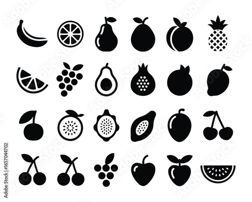 A versatile collection of black and white fruit icons, featuring diverse produce silhouettes for healthy food and natural design projects on a clean white background.