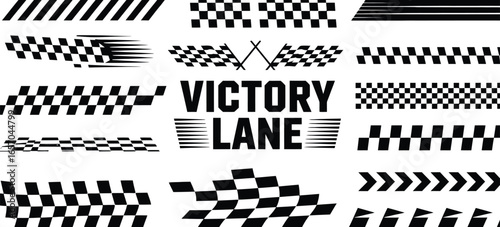 Vector set of black and white racing-themed graphics, featuring checkered patterns, finish lines, and victory lane typography.
