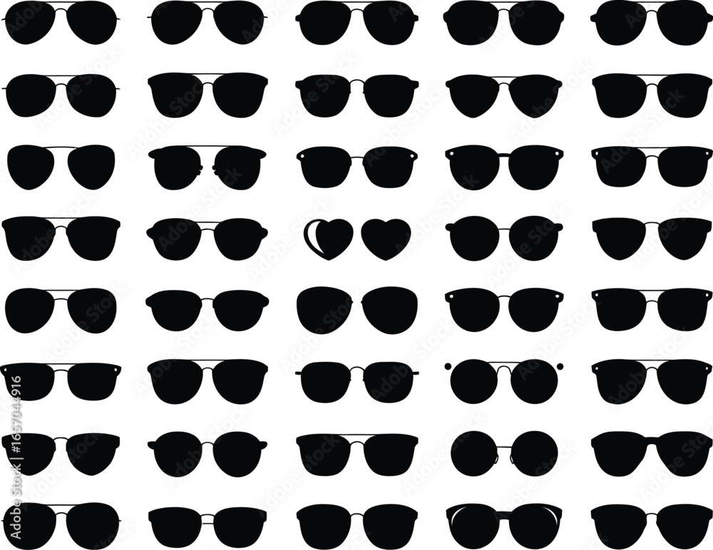 Fototapeta premium A striking pattern of black silhouette illustrations showcasing a diverse range of sunglasses and eyewear designs, perfect for backgrounds or design elements.
