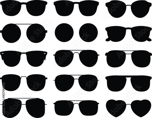 Collection of Black Silhouette Sunglasses Illustrations A Grid of Eyewear Designs on White