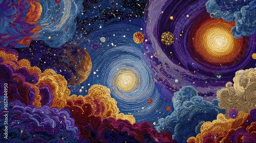 A mesmerizing beaded artwork depicts a celestial scene with swirling galaxies, vibrant clouds, and numerous planets, radiating a sense of cosmic wonder.