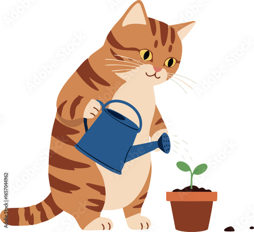Cat Watering Small Plant in Pot Cute Gardening Activity for Pets and Nature Lovers Vector Illustration