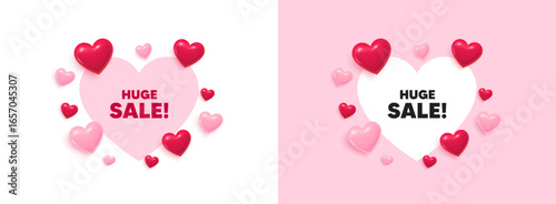 Huge sale heart shaped banner. 3d flying hearts. Huge Sale tag. Special offer price sign. Advertising Discounts symbol. Valentines day greeting card. Cute 3d love hearts. Vector